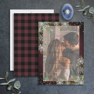 Burgundy Silver Wood Kariert Vellum Foto Wedding Einladung