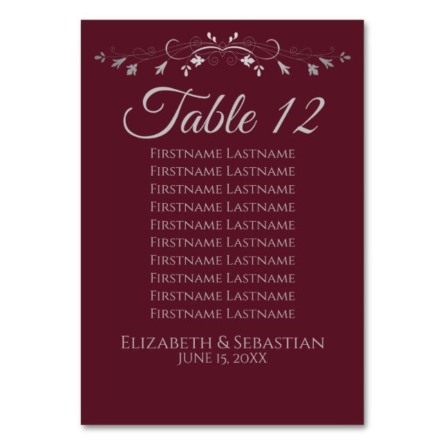 Burgundy SilverFlourish Wedding Seating Chart Tischnummer (Vorderseite)