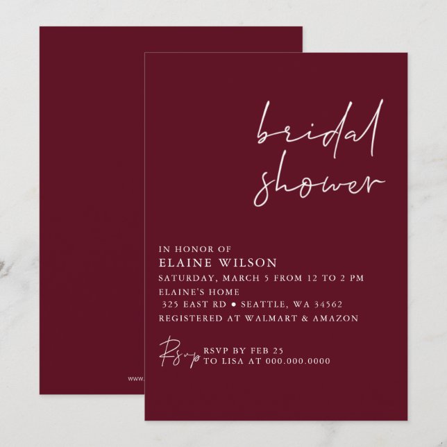 Burgundy Simple Elegante Modernes Brautparty Einladung (Vorne/Hinten)