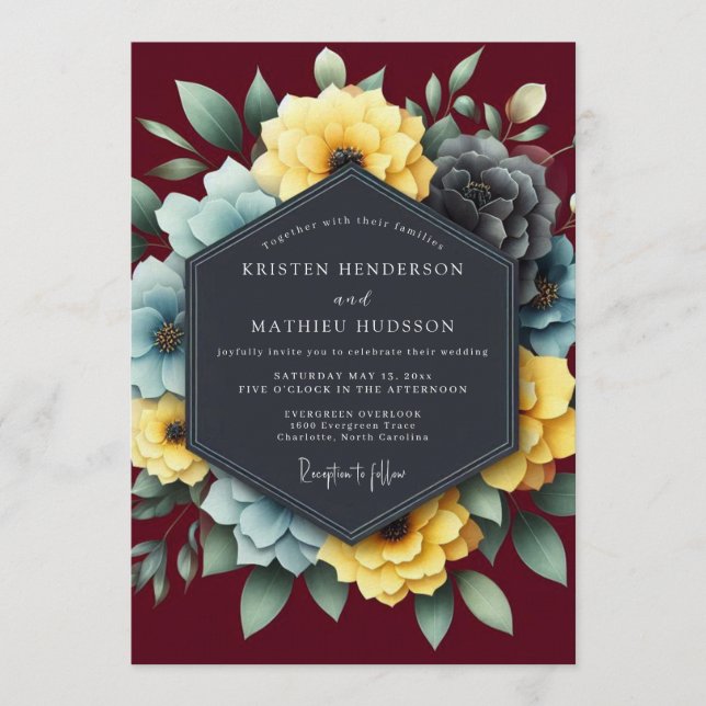 Burgundy & Slate Dramatic Bloom Wedding Einladung (Vorderseite)