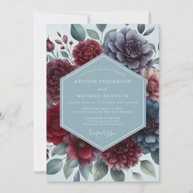 Burgundy Slate Moody Floral Wedding Einladung (Vorderseite)