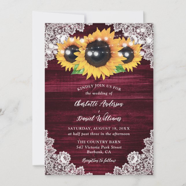 Burgundy Sonnenblume Holzsaitenlicht Hochzeit Einladung (Vorderseite)