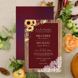 Burgundy Sonnenblume Rustic Wood Script Wedding In Einladung
