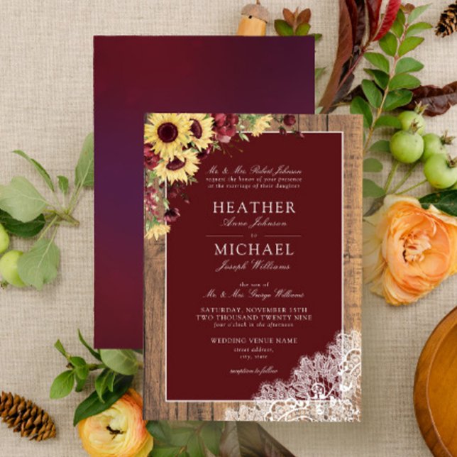 Burgundy Sonnenblume Rustic Wood Script Wedding In Einladung (Von Creator hochgeladen)