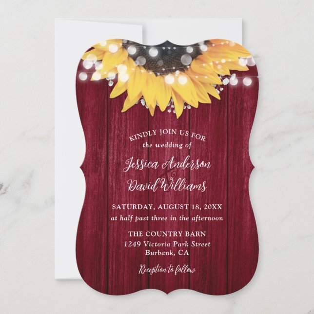 Burgundy Sonnenblume Rustikale Brauerei Hochzeit Einladung (Vorderseite)