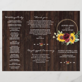 Burgundy Sonnenblumen Wood Tri+Fold Hochzeitsprogr Flyer