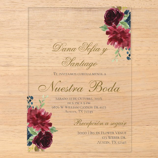 Burgundy Spanish Wedding Akryllische Einladung (Vorderseite)