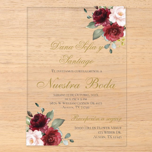 Burgundy Spanish Wedding Akryllische Einladung (Vorderseite)