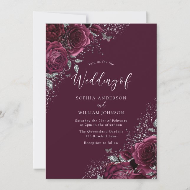 Burgundy Sparkle Blume Silver Elegante Hochzeit Einladung (Vorderseite)