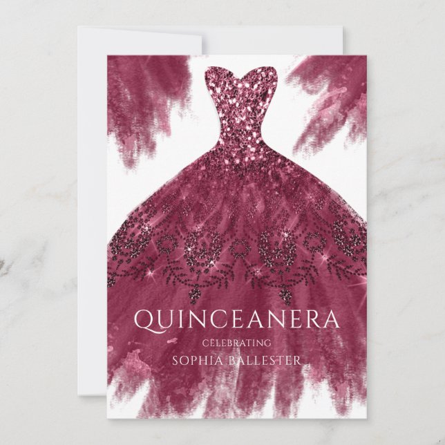 Burgundy Sparkle Dress Elegante Gown Quinceanera Einladung (Vorderseite)