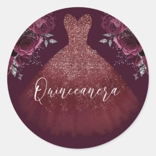 Burgundy Sparkle Dress & Floral Quinceanera Party Runder Aufkleber