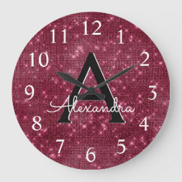 Burgundy Sparkle Shimmer Monogram Name & Initial Große Wanduhr