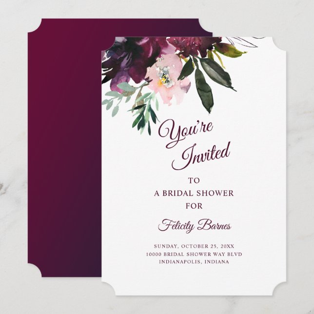 Burgundy Splendor Boho Floral Brautparty Einladung (Vorne/Hinten)