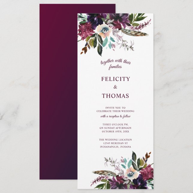 Burgundy Splendor Boho Floral White Wedding Einladung (Vorne/Hinten)