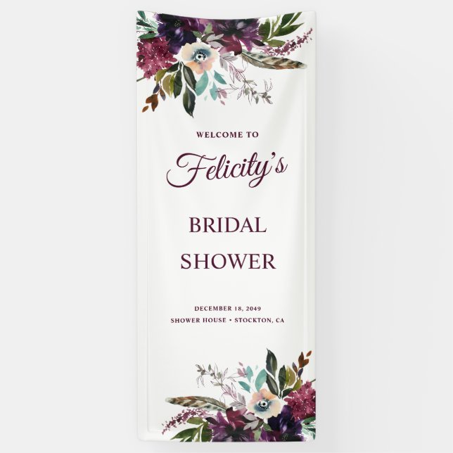 Burgundy Splendor Floral White Brautparty Banner (Vertikal)