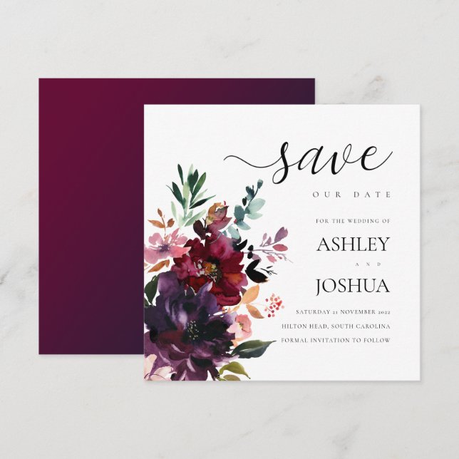 Burgundy Splendor Wasserfarben Save the Date Einladung (Vorne/Hinten)