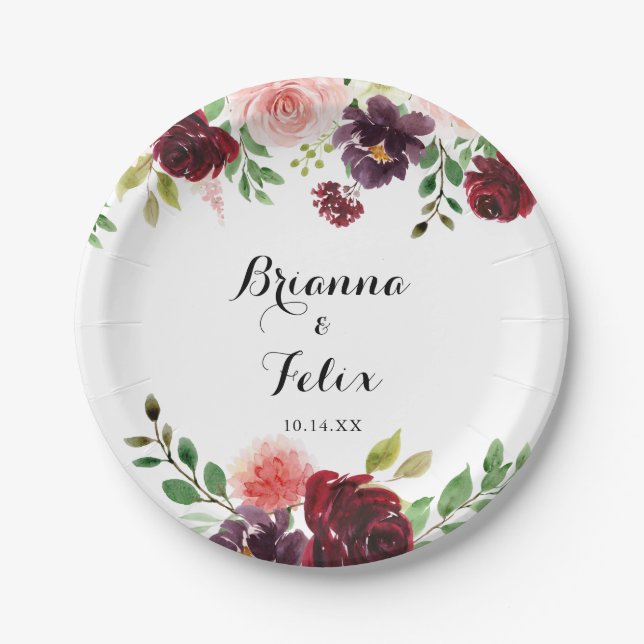 Burgundy Spring Floral Calligraphy Wedding Cake Pappteller (Vorderseite)