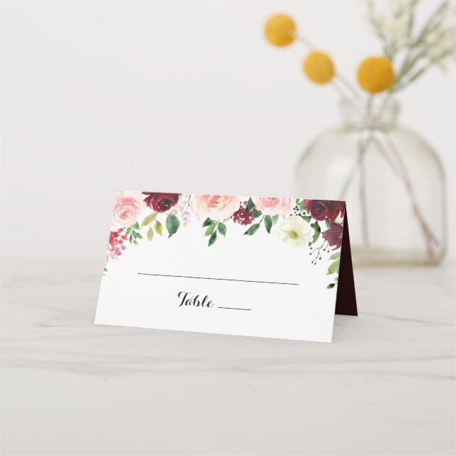 Burgundy Spring Floral Wedding Platzkarte (Vorderseite)