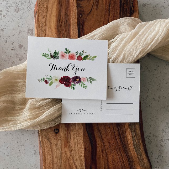 Burgundy Spring Pink Floral Calligraphy Vielen Dan Postkarte (Von Creator hochgeladen)