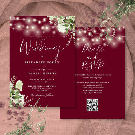 Burgundy String Lights Floral QR Code Wedding Einladung