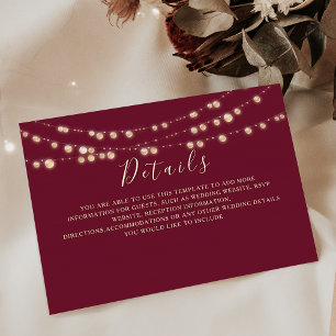 Burgundy String Lights Wedding Details Card Begleitkarte