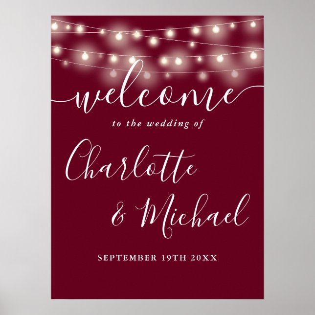Burgundy String Lights Wedding Welcome Sign Poster (Vorne)
