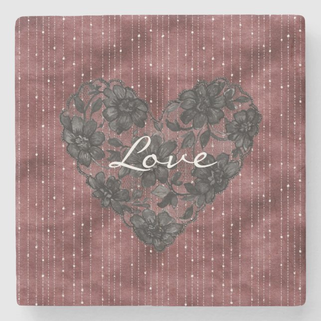 Burgundy Stripes Black Faux Lace Floral Heart  Steinuntersetzer (Vorderseite)