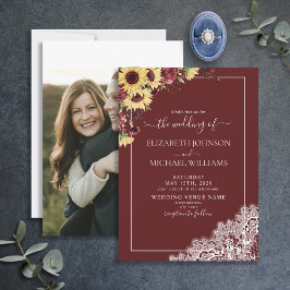 Burgundy Sunflower Rustic Script Foto Wedding Einladung