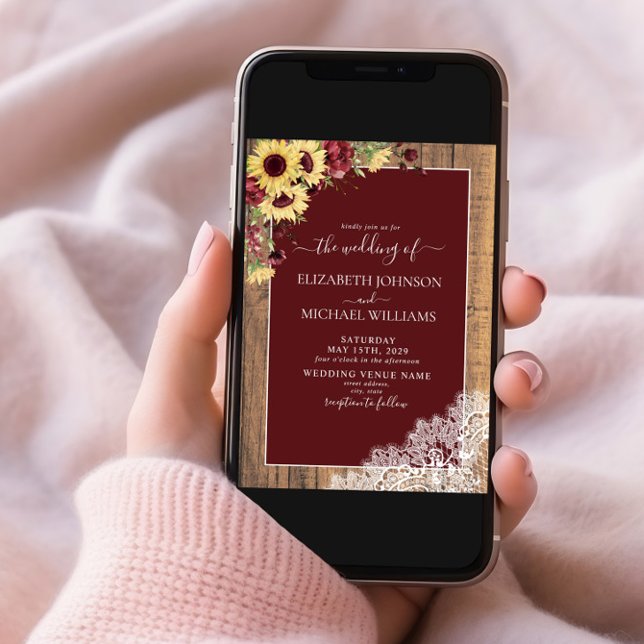 Burgundy Sunflower Rustic Wood Script Wedding Einladung (Von Creator hochgeladen)