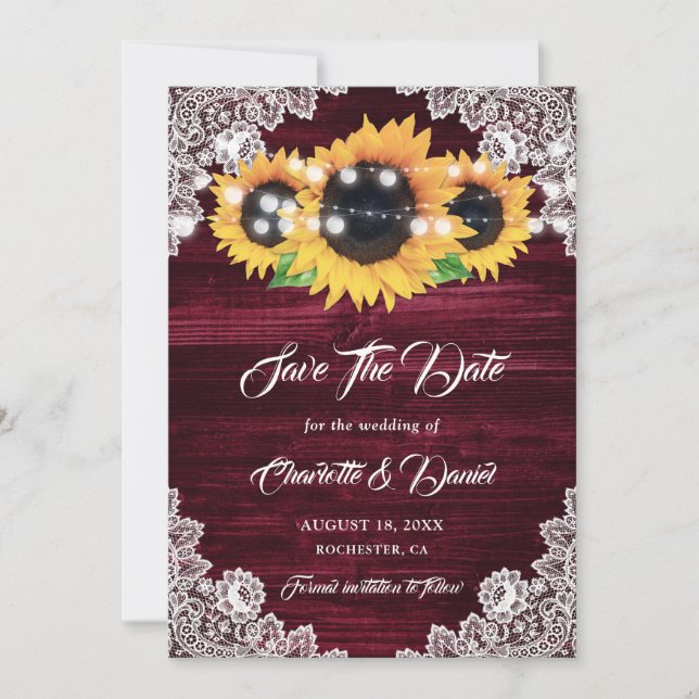 Burgundy Sunflower String Lights Floral Lace Wood Save The Date (Vorderseite)