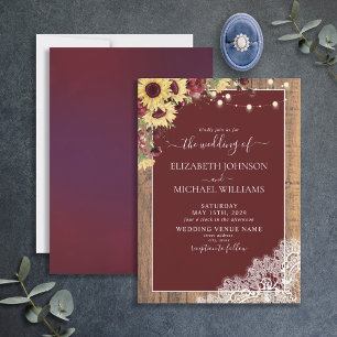 Burgundy Sunflower Wood Lace Script Wedding Einladung