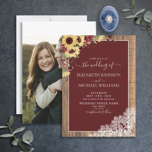 Burgundy Sunflower Wood Script Foto Wedding Einladung