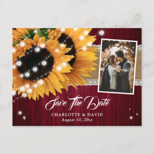 Burgundy Sunflower Wood Wedding Foto Ankündigungspostkarte
