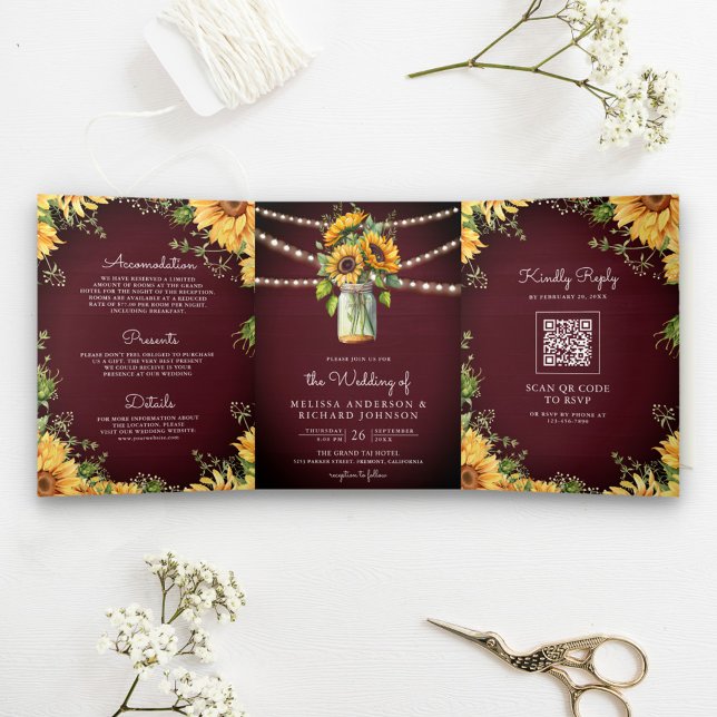 Burgundy Sunflowers Mason Jar QR Code Wedding Dreifach Gefaltete Einladung (Von Creator hochgeladen)