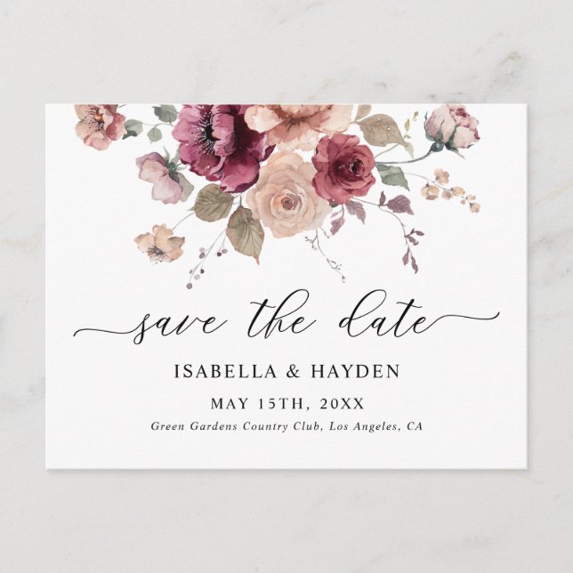 Burgundy Terracotta Fall Floral Save the Date Ankündigungspostkarte (Vorderseite)