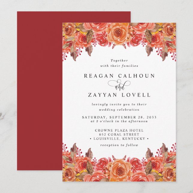 Burgundy Terracotta Fall Floral Wedding Einladung (Vorne/Hinten)
