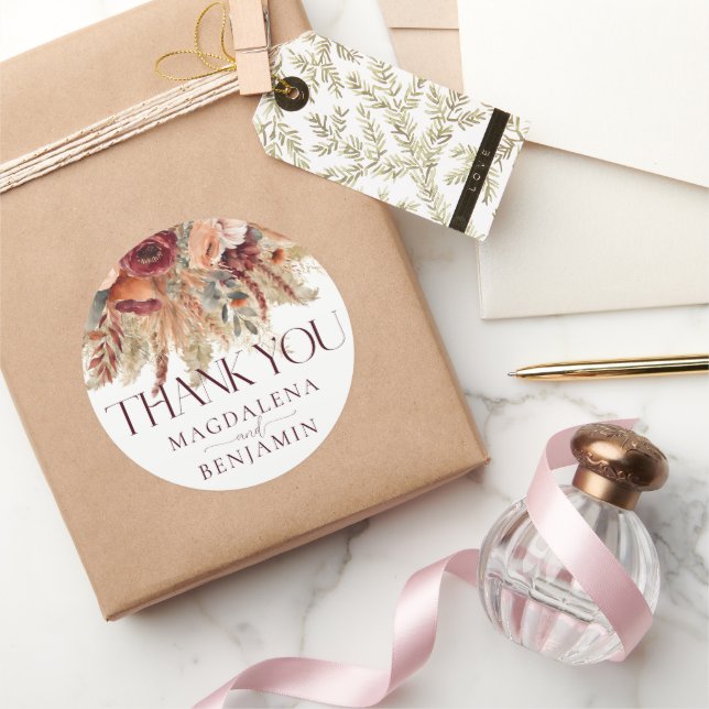 Burgundy Terracotta Fall Florals Pampas Vielen Dan Runder Aufkleber (Schenken)