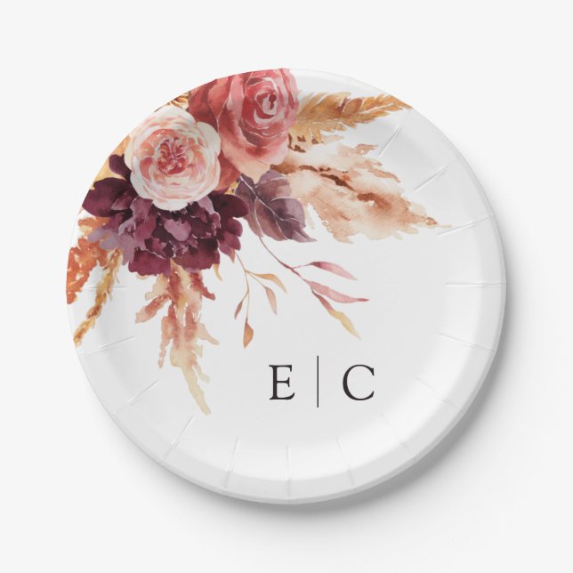 Burgundy Terracotta Floral Wedding Monogram Pappteller (Vorderseite)