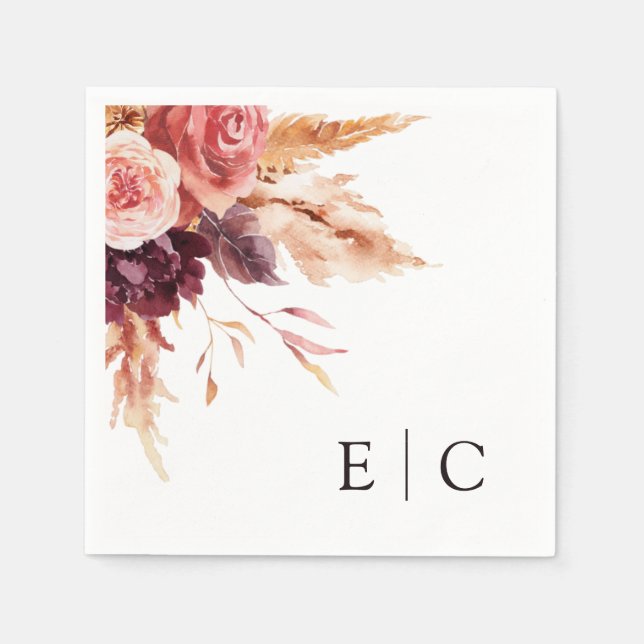 Burgundy Terracotta Floral Wedding Monogram Serviette (Vorderseite)