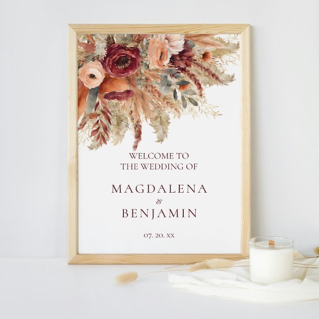 Burgundy Terracotta Florals Pampas Grass Wedding Poster (Von Creator hochgeladen)