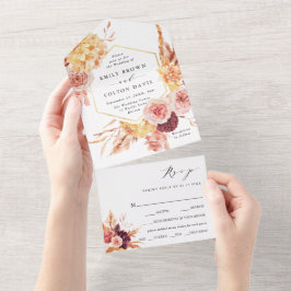 Burgundy Terracotta Gold Floral Wedding All In One Einladung