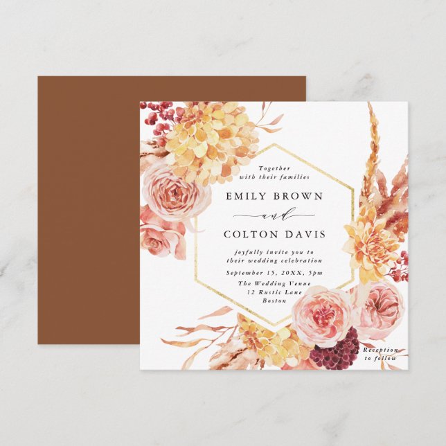 Burgundy Terracotta Gold Floral Wedding Square Einladung (Vorne/Hinten)