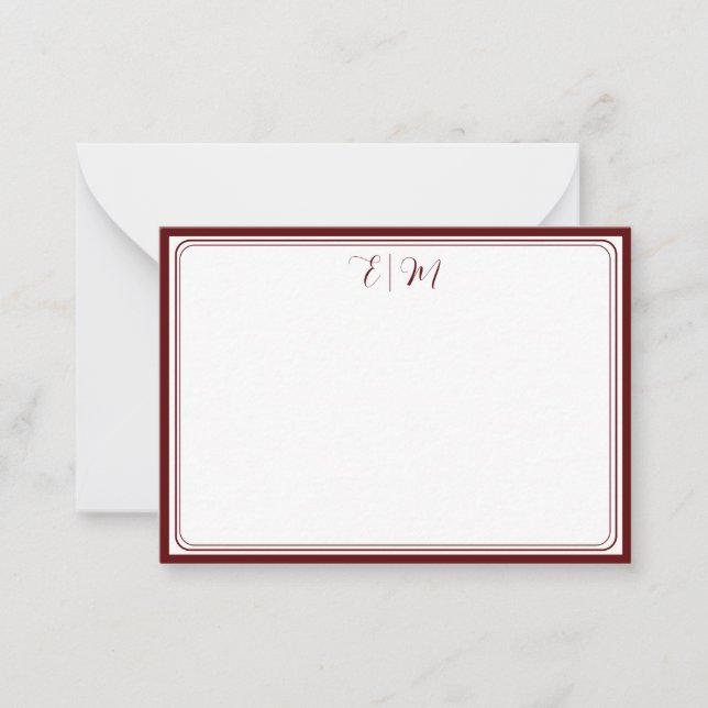 Burgundy three Border Monogram Note Card Mitteilungskarte (Vorderseite)