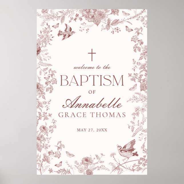 Burgundy Toile De Jouy Floral Baptism Affiche de b (Devant)