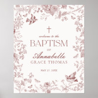 Burgundy Toile De Jouy Floral Baptism Affiche de b