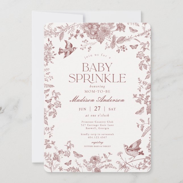 Burgundy Toile De Jouy French Floral Baby Sprinkle Einladung (Vorderseite)