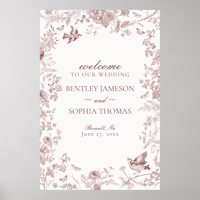Burgundy Toile De Jouy Mariage Floral Affiche de b (Devant)