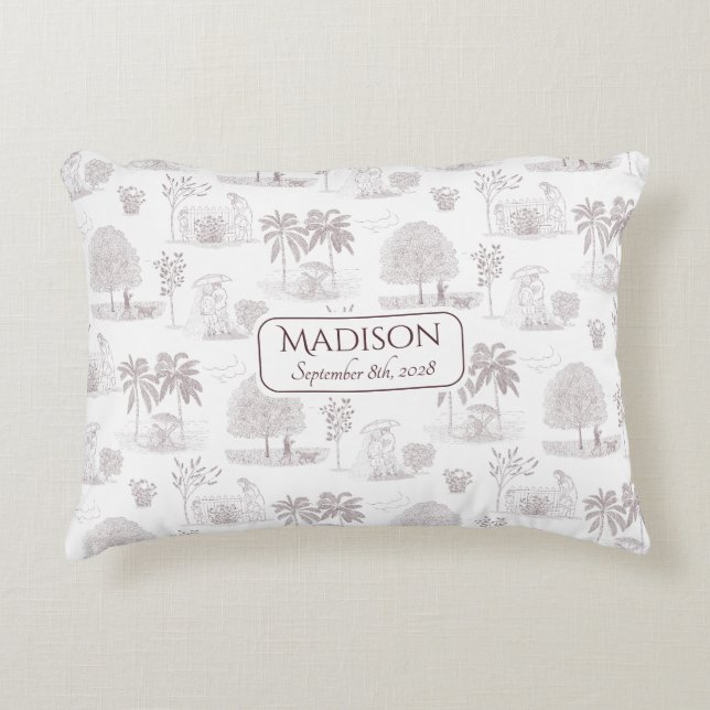 Burgundy Toile de Jouy Name Geburtsdatum Baby Dekokissen (Vorderseite)