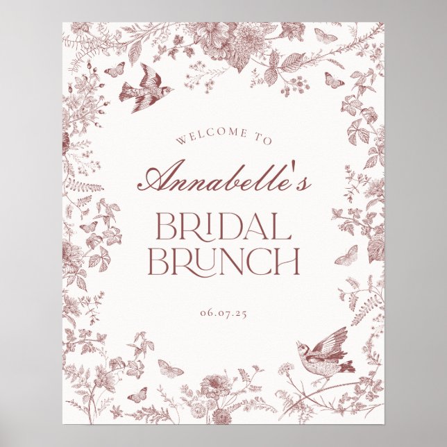 Burgundy Toile Floral Bridal Brunch Begrüßungszeic Poster (Vorne)