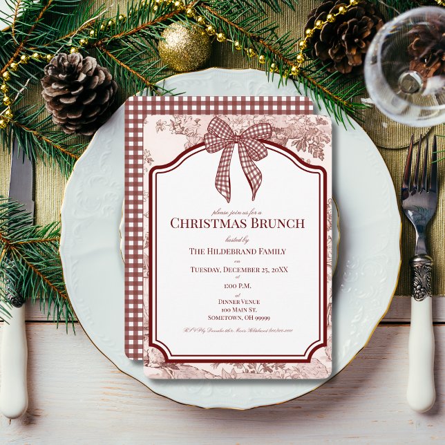 Burgundy Toile Gingham Weihnachts-Brunch Einladung (Von Creator hochgeladen)